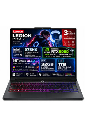 Lenovo Legion Pro7 Intel Ultra 9-275HX 32GB 1TB SSD 16" Wqxga OLED 500nits 240Hz RTX5080 16GB GDDR7 FreeDOS 83F5004STR