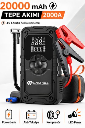 Enshall 20.000mAh Akım Korumalı Led Işıklı Powerbank Özellikli Çantalı Akü Takviyeli Oto Hava Kompresör