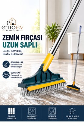 Emoev 2'si 1 Arada Uzun Saplı Zemin Fırçası Ve Çekpas 360° Döner Başlıklı Derz Ve Fayans Temizleyici