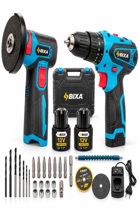 bixa 12V Çift Akülü Şarjlı Matkap ve Mini Avuç Taşlama Seti – Şarjlı Vidalama 19 Nm 19.500 RPM 24 Parça Taşıma Çantalı