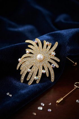 Ethab Giyim Zirkon Taşlı Gold Renk İnci Detaylı Broş 5886 - Glst3966-1652