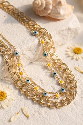 Ethab Giyim Gold Renk Samanyolu Zincir Papatya Ve Nazarlı Model Kombin Kadın Kolye 5886 - Glst6946-7895