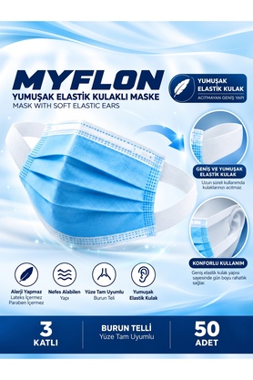 Myflon Yumuşak Elastik Kulaklı 3 Katlı Cerrahi Maske Tip II 1 Kutu 50 Adet