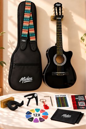 Midex CG-395BK Siyah Klasik Gitar 4/4 Sap Ayarlı Kesik Kasa Full Set