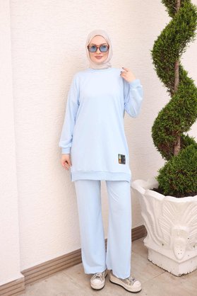İmajButik Bebe Mavi Bisiklet Yaka Armalı Tunik Pantolonlu Takım
