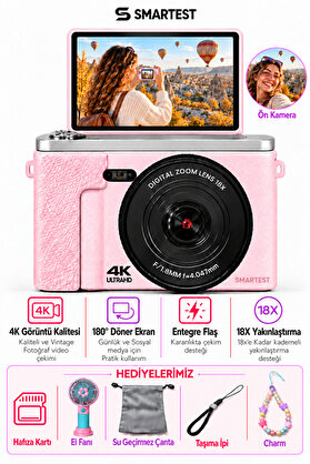 SMARTEST 4K Dijital Fotoğraf Makinesi 48MP Flip Ekran Gerçek 18X Zoom Flaşlı GB Hediyeli Türkçe Menü