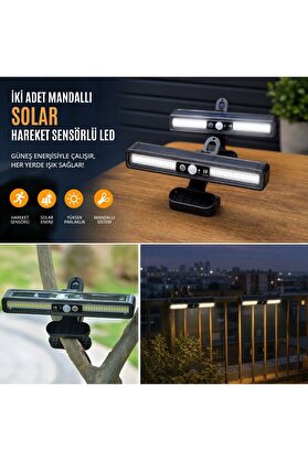 Go İthalat 2 Adet 36 Led Mandallı Solar Lamba, Güneş Enerjili, Hareket Sensörlü, 3 Modlu, Kıskaçlı Kablosuz Dış