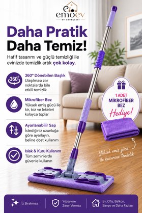 Emoev Bez Ve Kıyafet Tutuculu Mikrofiber Mop 360° Döner Başlıklı Zemin Ve Duvar Mopu