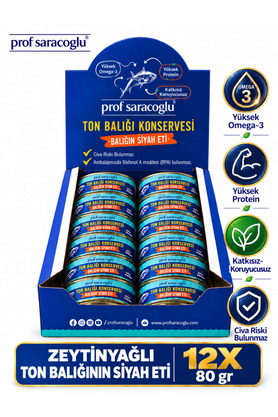 prof saracoğlu Zeytinyağlı Ton Balığı 12'li Balığın Siyah Eti Omega 3 Protein