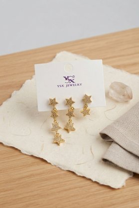 Evimdeyokyok Pirinç Gold Renk Zirkon Taşlı Sallantılı Yıldız Model Kadın Küpe Seti Tj-Bkp12185