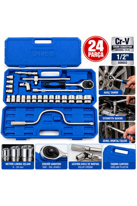 Go İthalat 24 Parça 1/2 Inc Dr.socket Set Lokma - Soket - Adaptör - Cırcır Kolu Chrome Vanadium Metal Çantalı (