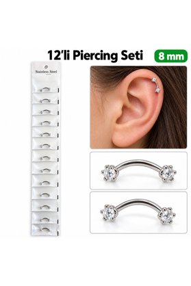 Airbrush Tattoo 12 Li Beyaz Taşlı Kavisli Kaş Ve Kulak Piercing Seti 8 Mm – Paslanmaz Çelik