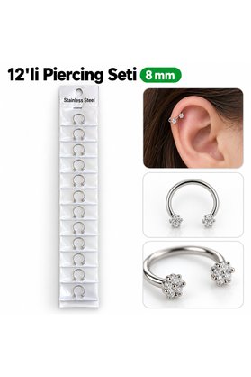 Airbrush Tattoo 12 Li Çiçek Taşlı Halka Piercing Seti 8 Mm – Paslanmaz Çelik, Gümüş Renk