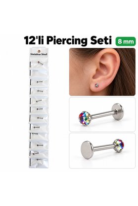 Airbrush Tattoo 12 Li Renkli Taşlı Labret Piercing Seti 8 Mm – Paslanmaz Çelik, Düz Arkalı