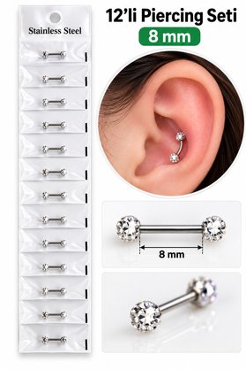 Airbrush Tattoo 12 Li Çift Taşlı Düz Bar Piercing Seti 8 Mm – Paslanmaz Çelik, Gümüş Renk