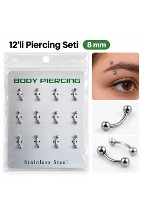 Airbrush Tattoo 12 Li Paslanmaz Çelik Kaş Piercing Seti 8 Mm – Gümüş Renk, İki Ucu Toplu