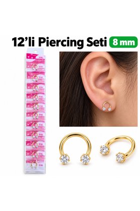 Airbrush Tattoo 12 Li 316L Çelik Taşlı Halka Piercing Seti 8 Mm – Gold Renk