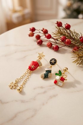Evimdeyokyok Gold Noel Baba Şapkalı Zirkon Taşlı Zincirli Yılbaşı Küpe Tj-Bkp12178