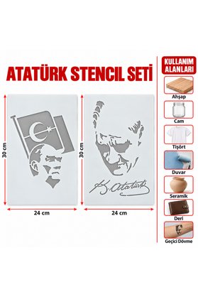 Airbrush Tattoo Bayraklı Ve İmzalı Atatürk Asetat Stencil Boyama Şablonu Seti 2 Adet 30X24 Cm
