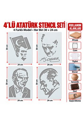 Airbrush Tattoo Atatürk Asetat Stencil Şablon Ve Boyama Kalıbı Seti 4 Adet 30X24 Cm