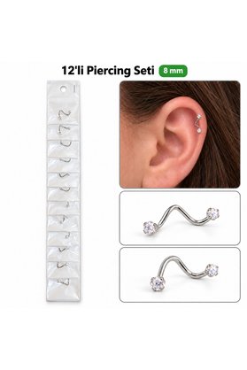 Airbrush Tattoo 12 Li S Model Taşlı Piercing Seti 8 Mm – Gümüş Renk