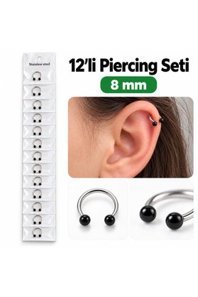 Airbrush Tattoo 12 Li Siyah Toplu Halka Piercing Seti 8 Mm – Paslanmaz Çelik, Horseshoe Model