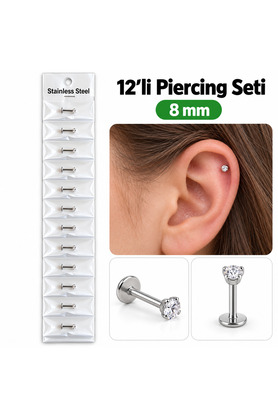 Airbrush Tattoo 12 Li Beyaz Taşlı Labret Piercing Seti 8 Mm – Paslanmaz Çelik, Düz Arkalı