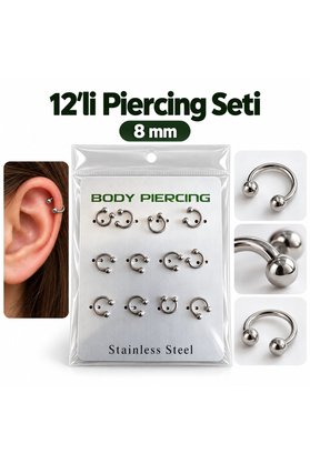 Airbrush Tattoo 12 Li Paslanmaz Çelik Halka Piercing Seti 8 Mm – Gümüş Renk