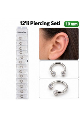 Airbrush Tattoo 12 Li Taşlı Halka Piercing Seti 10 Mm – Paslanmaz Çelik, Gümüş Renk