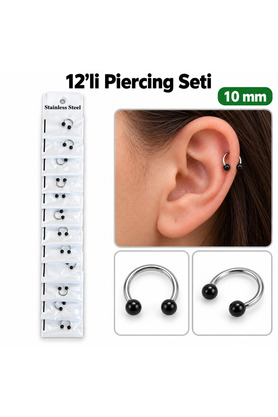 Airbrush Tattoo 12 Li Siyah Toplu Halka Piercing Seti 10 Mm – Paslanmaz Çelik, Horseshoe Model