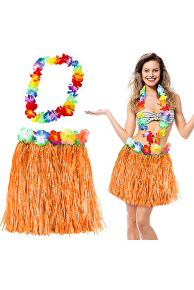 Go İthalat Hawai̇i̇ Luau Aloha Turuncu Püsküllü 40 Cm Etek Ve Hawai̇i̇ Kolye Seti̇ (4107)