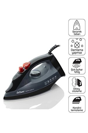 Arzum AR684 Olivya Buharlı Ütü 2400W Seramik Taban Dikey Buhar Şok Buhar Damlama Önleme Siyah