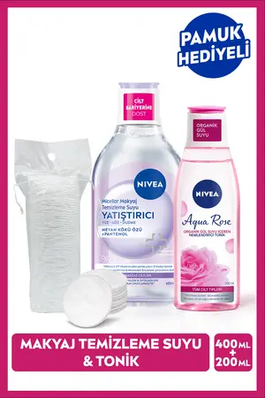 NIVEA Yatıştırıcı Micellar Makyaj Temizleme Suyu Ve Aqua Rose Tonik 200ml Pamuk Hediyeli Çeyiz Seti