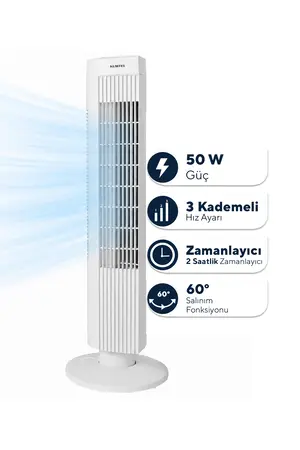 KUMTEL KTF-258W Kule Tipi Beyaz Vantilatör – 50W Zaman Ayarlı 3 Hız Kademeli Sessiz Çalışma