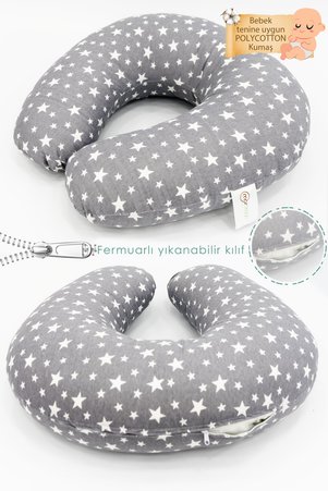 mordesign Çift Taraflı Emzirme Yastığı /bebek Destek Minderi Hamile Yastığı Pamuklu Kumaş Stars Antrasit
