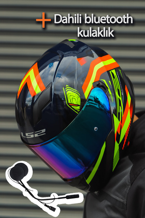 LS2 Stream Evo Reflex Mavi Turuncu Kask + Dahili Bluetooth Kulaklık