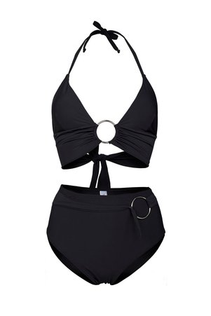 Transacoustic Siyah Halka Aksesuarlı Çift Kat Özel Koleksiyon Tulumlu Şık Bikini Takım