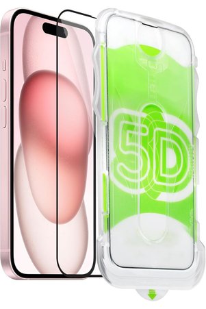 Fibaks iPhone 15/14 Pro/16 Uyumlu Kolay Uygulama Aparatlı Siyah Çerçeveli Tam Kapatan Cam Ekran Koruyucu