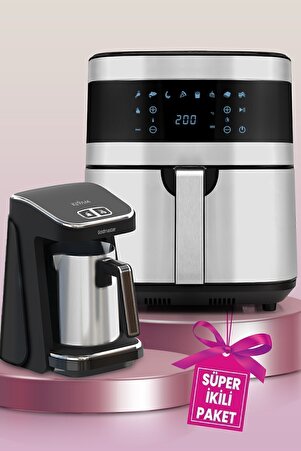 GOLDMASTER Avantajlı Ikili Set 7 Litre Inox Xxl Airfryer Sıcak Hava Fritözü Çelik Cezveli Türk Kahve Makinesi