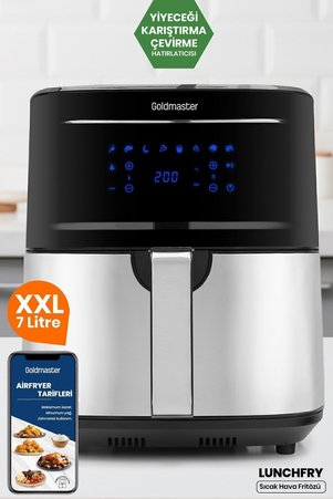 GOLDMASTER Lunchfry 7 Litre İnox Geniş XXL Dokunmatik Karıştır Uyarı Fonksiyonlu Airfryer Sıcak Hava Fritözü