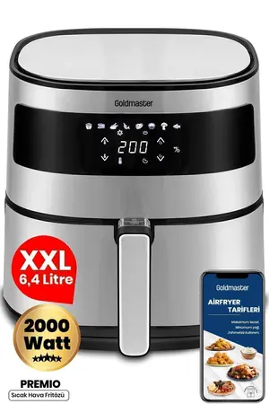 GOLDMASTER Premio 2000 Watt Yüksek Güç 6 4 Litre Inox Geniş Xxl Dokunmatik Airfryer Yağsız Sıcak Hava Fritözü
