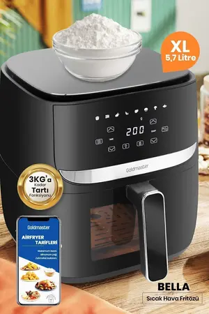 GOLDMASTER Bella 1700w Xl Dokunmatik Cam Kapaklı Aydınlatmalı 3kg Tartı Fonksiyonlu Airfryer Sıcak Hava Fritözü