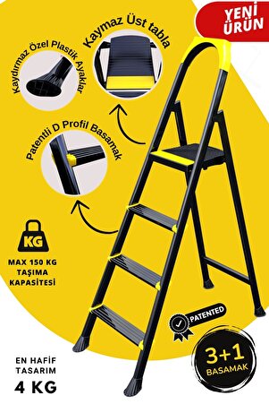 ERTEKPA Leo Siyah Merdiven 3+1 Metal Basamaklı