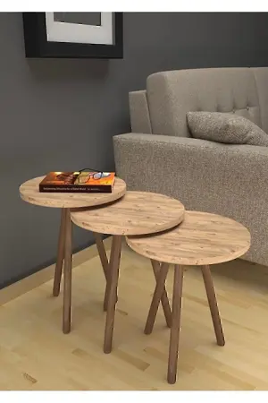 Mobezzo 3’lü Yuvarlak Zigon Sehpa Takımı –hobistan Ahşap Ayaklı Modern Tarz Kahve Ve Sunum Sehpası