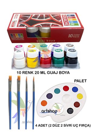 Artshop 10x20 ML Guaj Boya Palet 2 Düz2 Sivri Uçlu Fırça Resim Başlangıç Sanatsal Boyama Seti