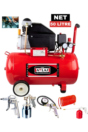 Attlas 2 Hp 50 Litre Monofaze Hava Kompresörü 5 Parça Havalı Alet Seti | Profesyonel Kullanım