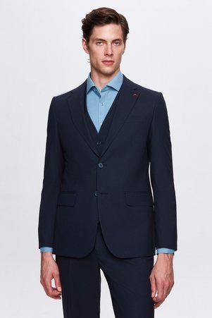 D'S Damat Ds Damat Slim Fit Lacivert Mono Yaka Tek Yırtmaçlı Astarlı Takim Elbise Yelekli
