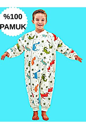 Happystore Elyafsız Organik Kışlık Uzun Kol Çift Kat %100 Pamuk Pazen Dinozorlu Cocuk Bebek Uyku Tulumu