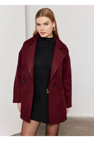 SevdeUgur Kadın Bordo Mürdüm Oversize Astarlı Kaşe Kaban / Sevde Ugur