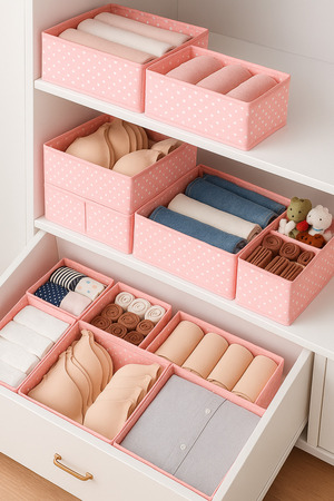 Serstil 6'lı Çekmece Içi Düzenleyici Organizer Set - Çok Amaçlı Dolap Içi Kutu Seti - Pembe Benekli